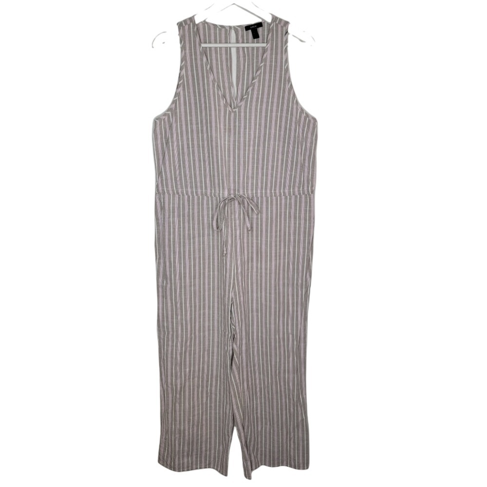 DREW Jumpsuit Women Large Tan Pink Stripe Cotton Wide Leg Sleeveless V-Neck Boho - Picture 2 of 13